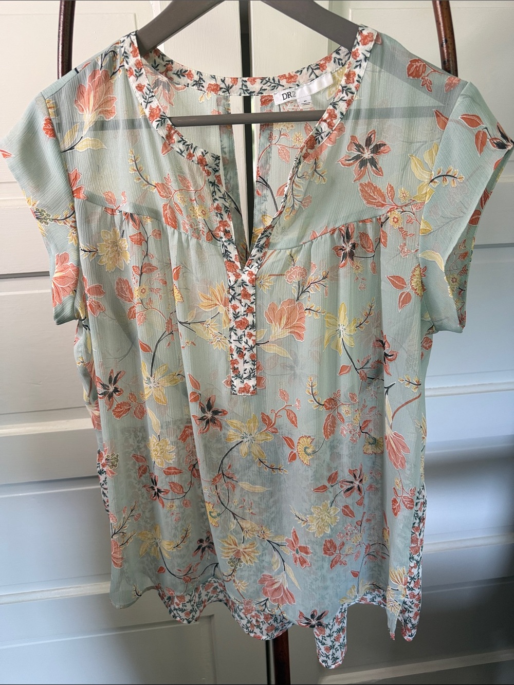 DR2 Sage Green Floral Split-Neck Blouse